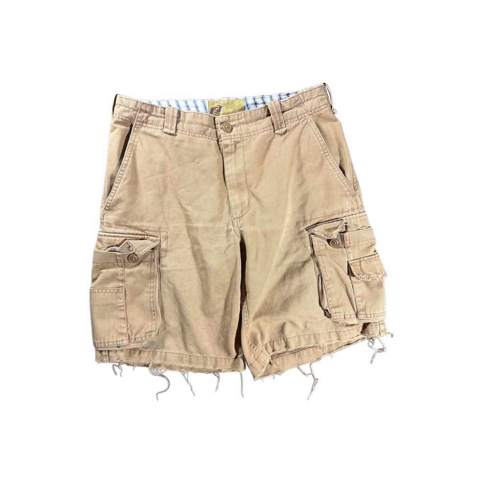 Sideout Mens Baggy Wideout Distressed Surf Cargo Shorts Tan Khaki Raw Hem 32